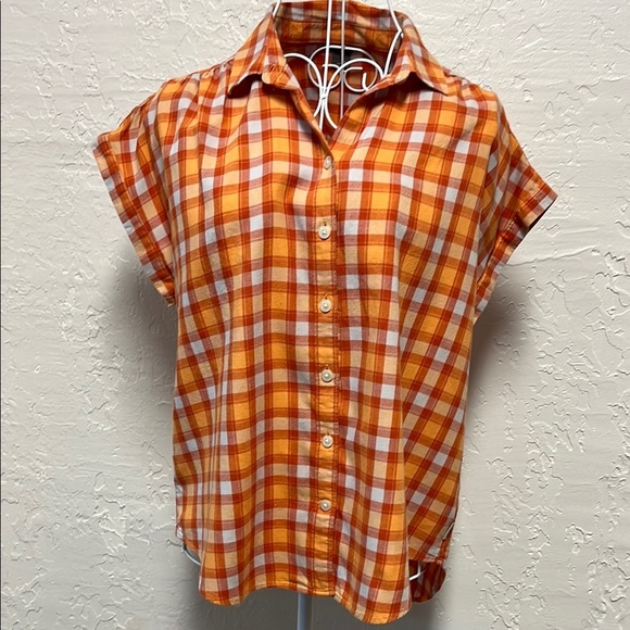 Eddie Bauer Orange white Plaid Button Up Cap Sleeve Blouse Top - Picture 1 of 8